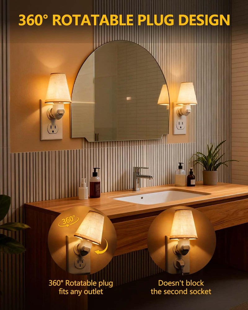 TobeBright 2-Pack Decorative Night Lights Plug into Wall,Vintage Night Light with Linen Shade & Replaceable Edison Bulb,2200K Warm White,Rotatable Plug,On/Off Switch, Perfect for Bathroom,Kitchen,Hallway - Image 3