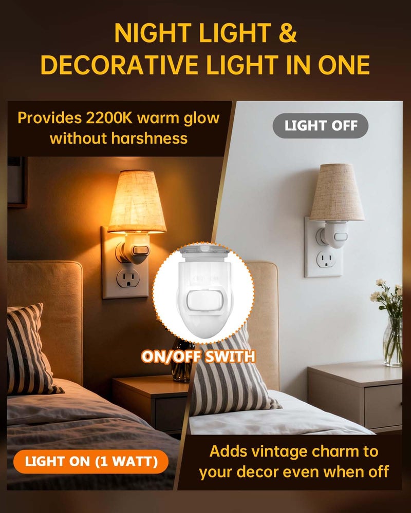 TobeBright 2-Pack Decorative Night Lights Plug into Wall,Vintage Night Light with Linen Shade & Replaceable Edison Bulb,2200K Warm White,Rotatable Plug,On/Off Switch, Perfect for Bathroom,Kitchen,Hallway - Image 5