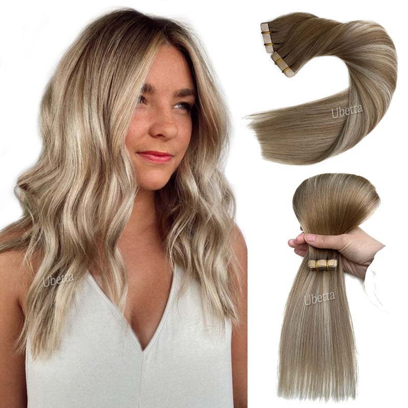 Tape in Hair Extensions Human HairDark Blonde Balayage Hair Extensions Real Human Hair Tape ins Extensions for Women 20 Pcs Invisible Double Sided Tape in Hair Extensions Human Hair 16 Inch