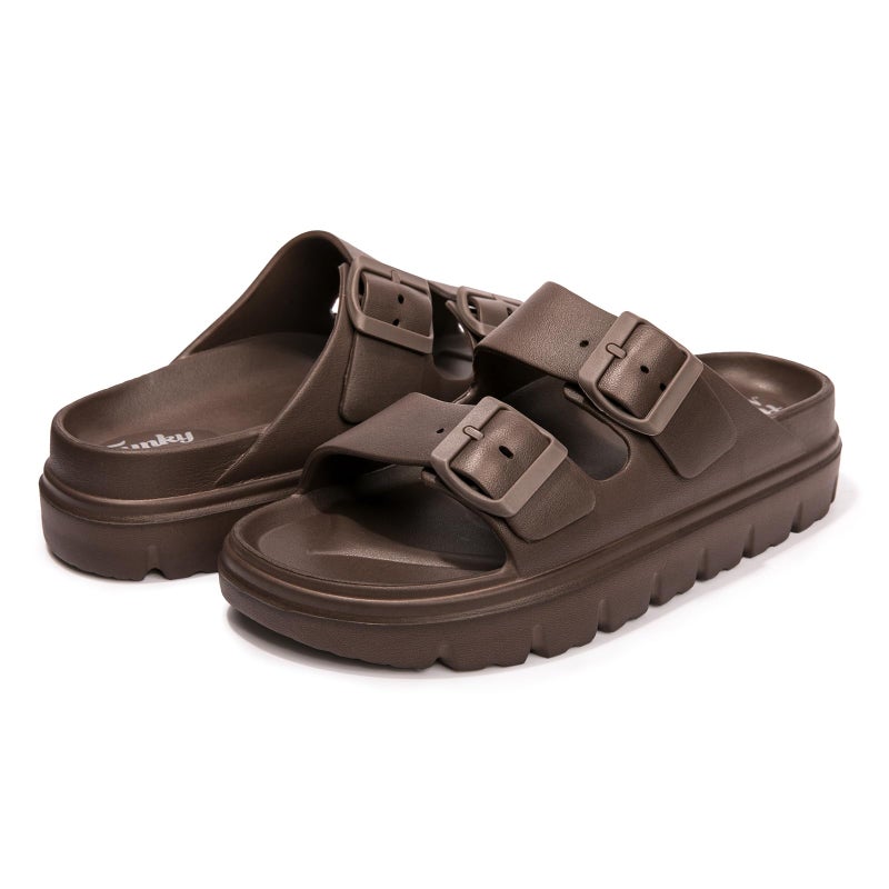 FUNKYMONKEY Women's Adjustable Double-Buckle Platform Sandalsâ€“Thick EVA Sole with Arch Support, Non-Slip & Lightweight Comfort for Vacation and Everyday Wear (8 M US, Brown/HDSPK) - Image 5