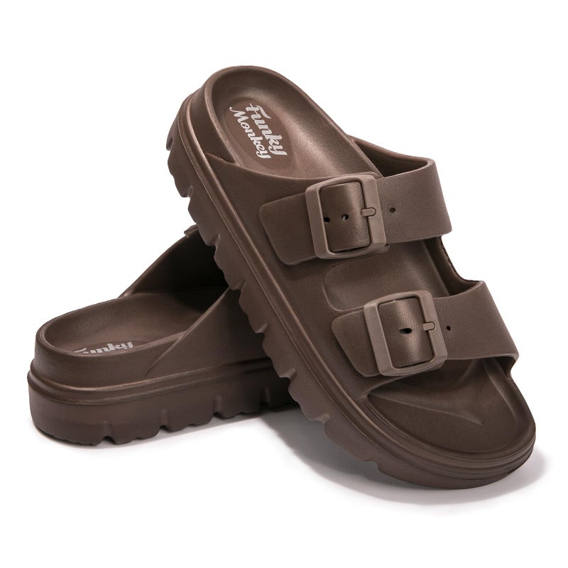 FUNKYMONKEY Women's Adjustable Double-Buckle Platform Sandalsâ€“Thick EVA Sole with Arch Support, Non-Slip & Lightweight Comfort for Vacation and Everyday Wear (8 M US, Brown/HDSPK) - Image 4