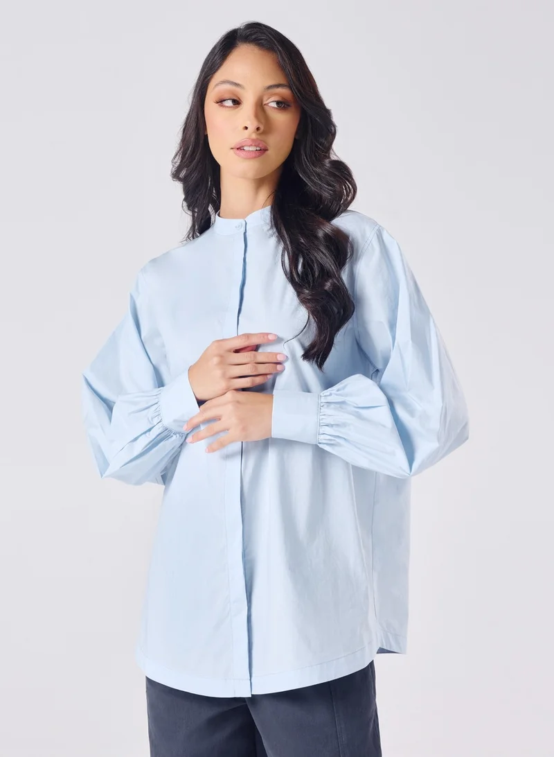 Zigzag Mandarin Collar Cotton Oversized Shirt- Baby Blue