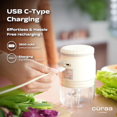 CÜRAA ChopLab Neo USB Vegetable Chopper for Kitchen Use | By Chef Sanjyot Keer | Mini Chopper for Kitchen with Stainless Steel Blades – 250ml (Beige) - Image 3