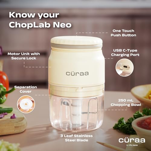 CÜRAA ChopLab Neo USB Vegetable Chopper for Kitchen Use | By Chef Sanjyot Keer | Mini Chopper for Kitchen with Stainless Steel Blades – 250ml (Beige) - Image 5