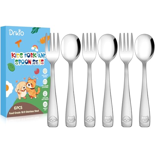 DRKIO Stainless Steel Toddler Utensils Set - 6 Pieces Kids Silverware Set Children Safe Food Grade Small Forks and Spoons Dishwasher Safe Mirror Polished - Image 1