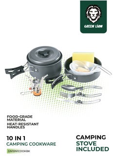 GREEN LION 10 IN 1 Camping Cookware / Anodized aluminum & stainless steel / Easy maintenance and cleaning / Foldable and Lightweight / Easy to store and carry / Foldable Spoon & Fork / Foldable Soup Spoon - Black  - Image 1
