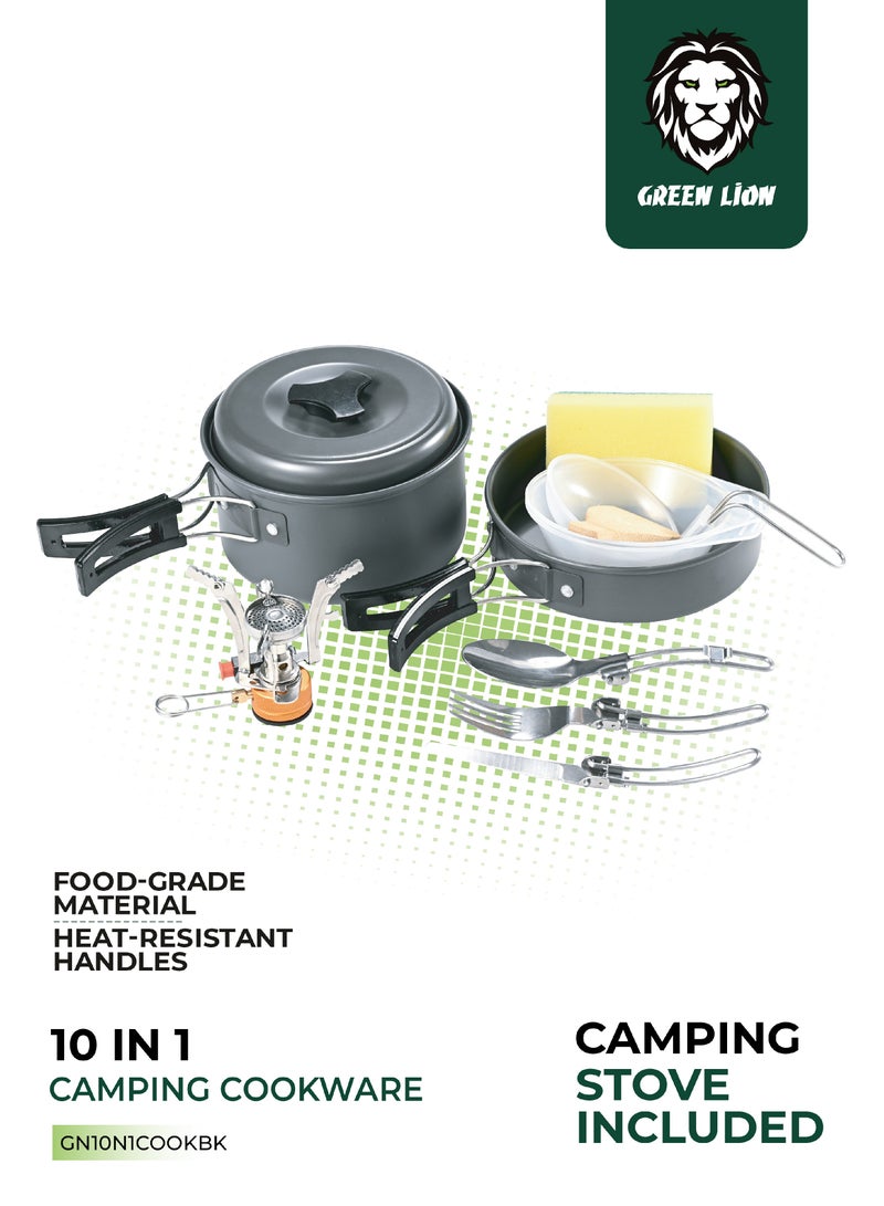 GREEN LION 10 IN 1 Camping Cookware / Anodized aluminum & stainless steel / Easy maintenance and cleaning / Foldable and Lightweight / Easy to store and carry / Foldable Spoon & Fork / Foldable Soup Spoon - Black - Image 1