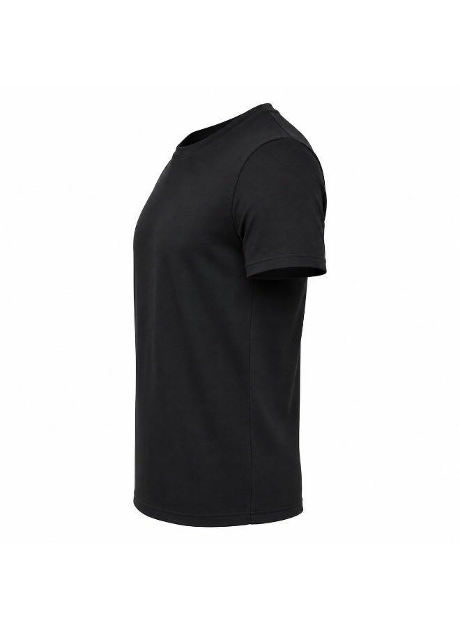 تي شيرت رجالي سادة أسود بأكمام قصيرة ورقبة مستديرة، 95% قطن، 5% سباندكس - Image 3