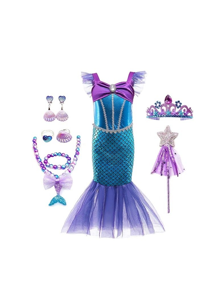 Mermaid Dress Girls Party Cosplay Girl Clothing Birthday Princess Dress Kids Costume With Princess Jewelry Crown Set - Image 1