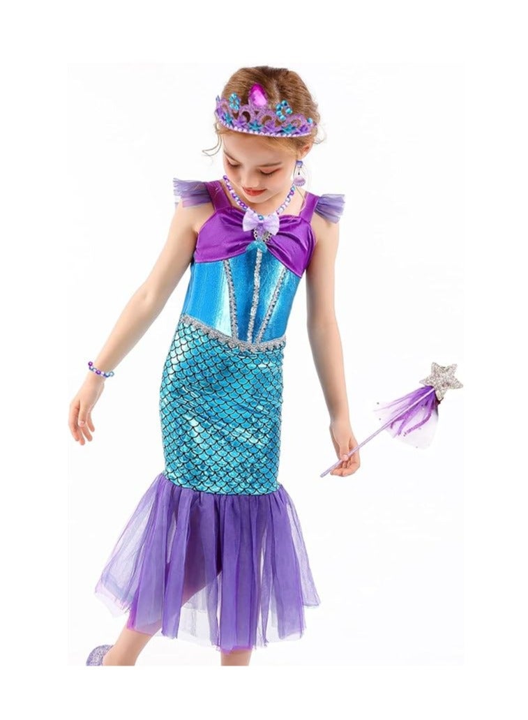 Mermaid Dress Girls Party Cosplay Girl Clothing Birthday Princess Dress Kids Costume With Princess Jewelry Crown Set - Image 3