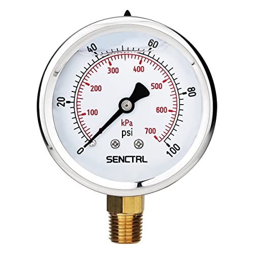 SENCTRL 0-100 Psi Glycerin Liquid Filled Low Pressure Gauge, 2.5" Dial Size, 1/4" NPT Lower Mount, Stainless Steel Case, for Water Pump, Pneumatic Air, Well, RV Hose, Tank, Gas Pressure Test - Image 1