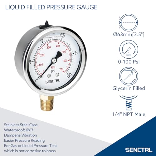 SENCTRL 0-100 Psi Glycerin Liquid Filled Low Pressure Gauge, 2.5" Dial Size, 1/4" NPT Lower Mount, Stainless Steel Case, for Water Pump, Pneumatic Air, Well, RV Hose, Tank, Gas Pressure Test - Image 2