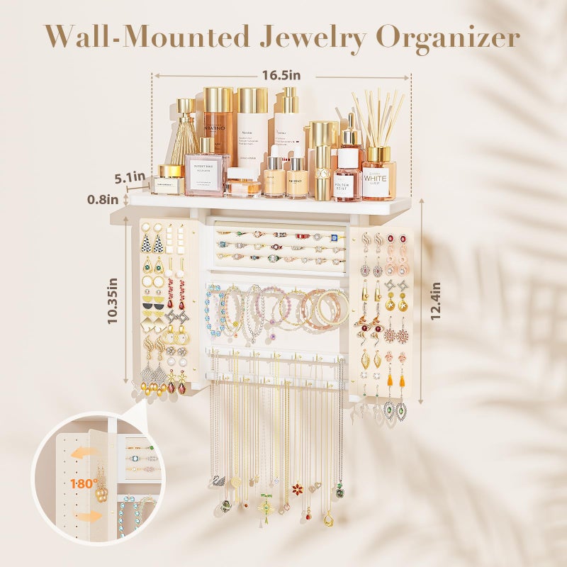 Emfogo Jewelry Organizer Hanging Wall Mounted Jewelry Holder, 5-in-1 Large Capacity Necklace Organizer Wall Hanging Jewelry Display for Ring, Necklaces, Bracelets, Earrings (White) - Image 4