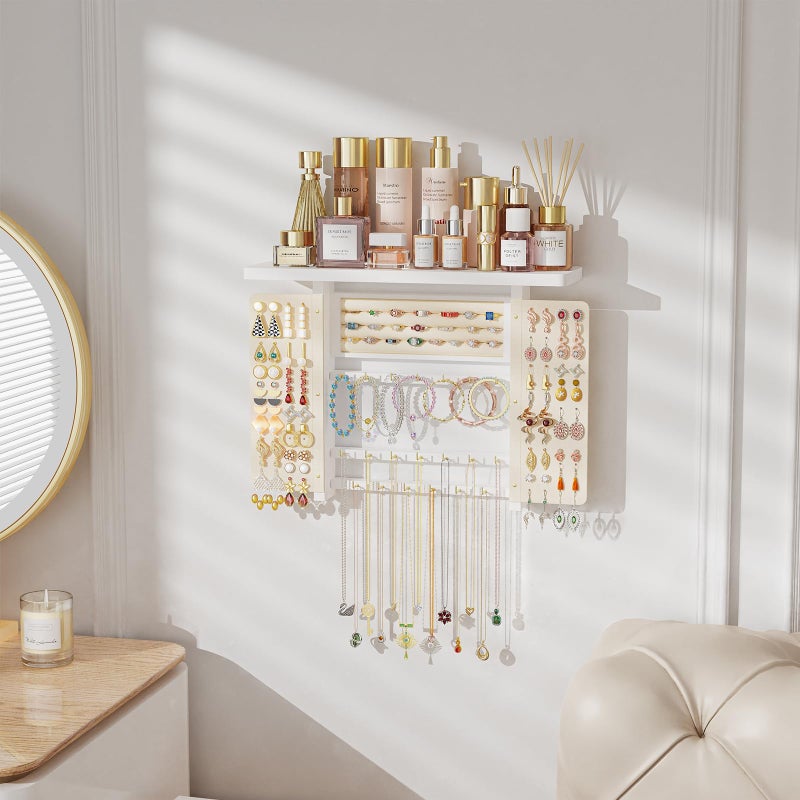 Emfogo Jewelry Organizer Hanging Wall Mounted Jewelry Holder, 5-in-1 Large Capacity Necklace Organizer Wall Hanging Jewelry Display for Ring, Necklaces, Bracelets, Earrings (White) - Image 2