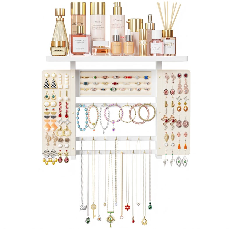 Emfogo Jewelry Organizer Hanging Wall Mounted Jewelry Holder, 5-in-1 Large Capacity Necklace Organizer Wall Hanging Jewelry Display for Ring, Necklaces, Bracelets, Earrings (White) - Image 1