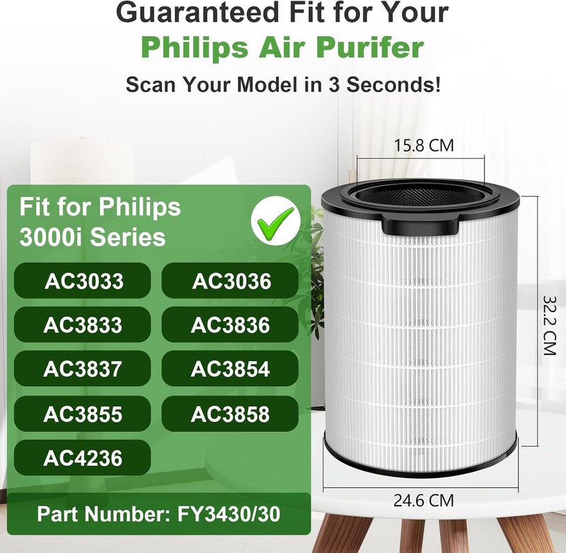 بينريك مرشح بديل FY3430 FY3430/30 متوافق مع سلسلة أجهزة تنقية الهواء Philips 3000i AC3033 AC3036 AC3039 AC3055 AC3059، مع مرشح HEPA وكربون نشط - Image 3