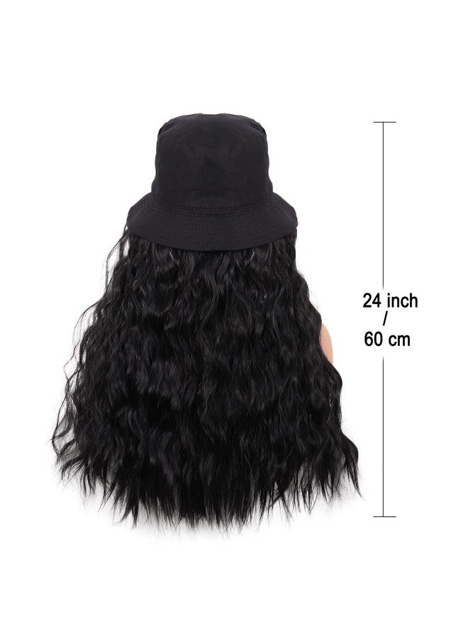 MapofBeauty Apofbeauty 24 Inch /60 Cm Hat Wig Women Beautiful Long Wavy Curly Synthetic Daily Use Wig (Black) - Image 5