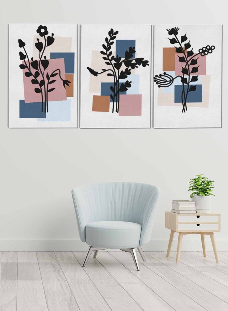 لوحة طقم من ٣ لوحات كانفاس على إطار خشبي تصميم زهور نباتية للمنزل غرفة المعيشة المكتب الديكور - Image 1