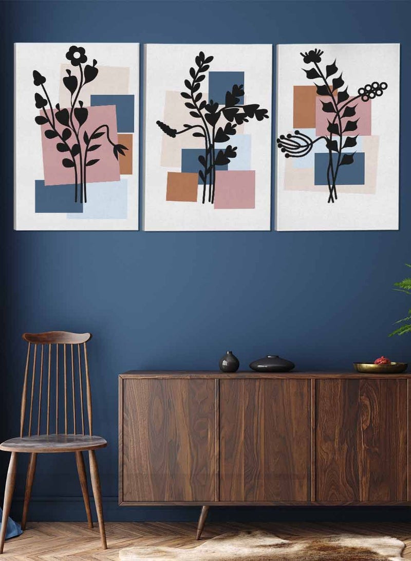 لوحة طقم من ٣ لوحات كانفاس على إطار خشبي تصميم زهور نباتية للمنزل غرفة المعيشة المكتب الديكور - Image 2