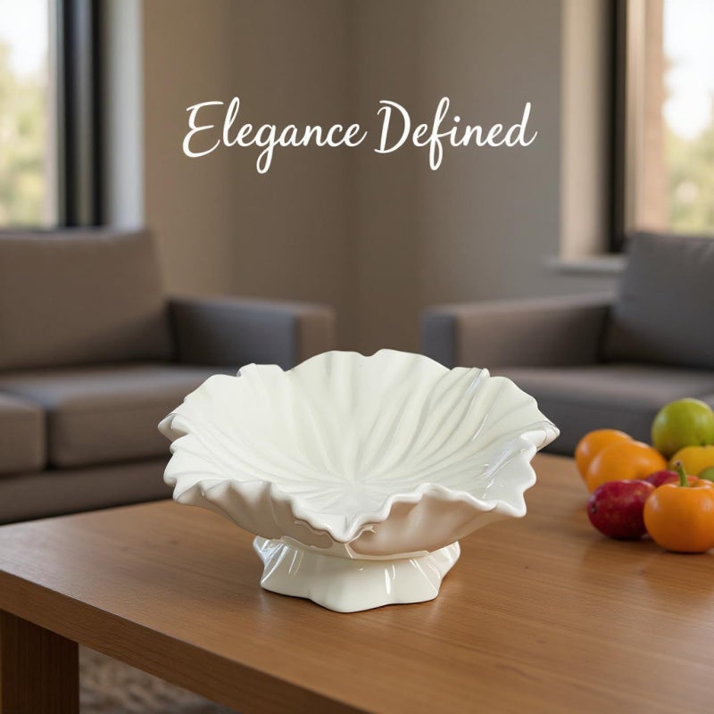 Milk White Ceramic Bowl Set 2 Pcs Lotus Leaf Design Scalloped Edge For Snacks Fruit - Image 3