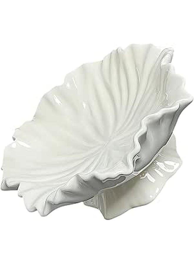 Milk White Ceramic Bowl Set 2 Pcs Lotus Leaf Design Scalloped Edge For Snacks Fruit - Image 1