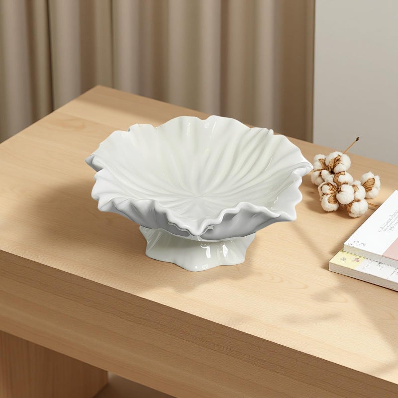 Milk White Ceramic Bowl Set 2 Pcs Lotus Leaf Design Scalloped Edge For Snacks Fruit - Image 5