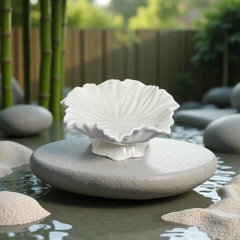 Milk White Ceramic Bowl Set 2 Pcs Lotus Leaf Design Scalloped Edge For Snacks Fruit - Image 4