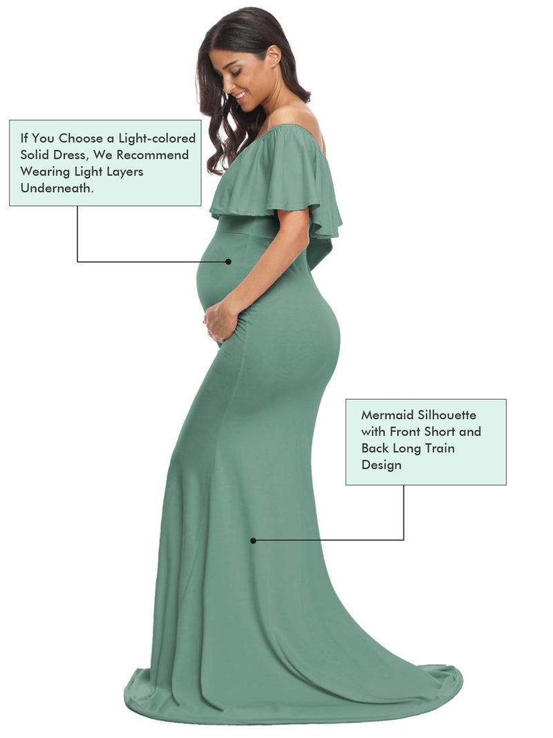 Glampunch Womens Off Shoulder Maternity Dress Ruffles Elegant Slim Gowns Fit Maxi Photography Dress Sage - Image 5