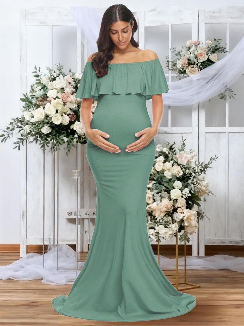 Glampunch Womens Off Shoulder Maternity Dress Ruffles Elegant Slim Gowns Fit Maxi Photography Dress Sage - Image 2