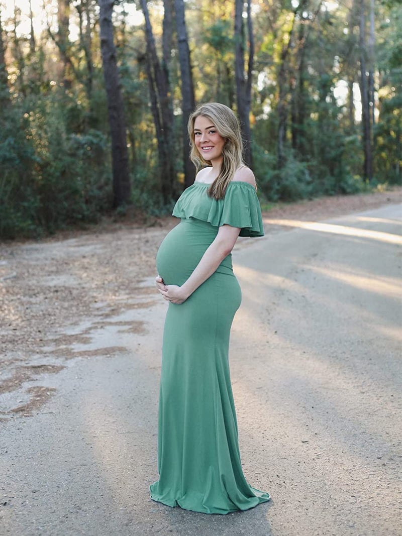 Glampunch Womens Off Shoulder Maternity Dress Ruffles Elegant Slim Gowns Fit Maxi Photography Dress Sage - Image 4