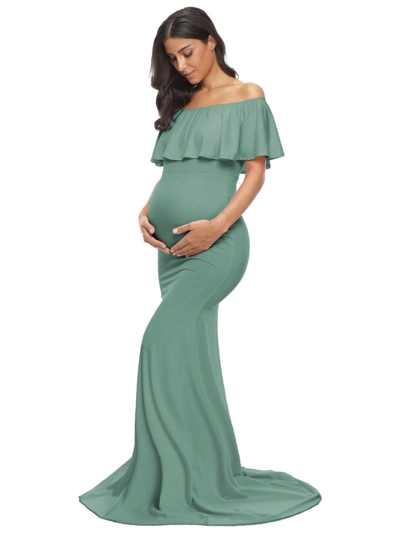 Glampunch Womens Off Shoulder Maternity Dress Ruffles Elegant Slim Gowns Fit Maxi Photography Dress Sage - Image 1
