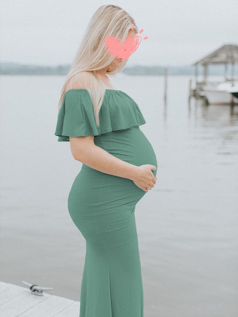Glampunch Womens Off Shoulder Maternity Dress Ruffles Elegant Slim Gowns Fit Maxi Photography Dress Sage - Image 3