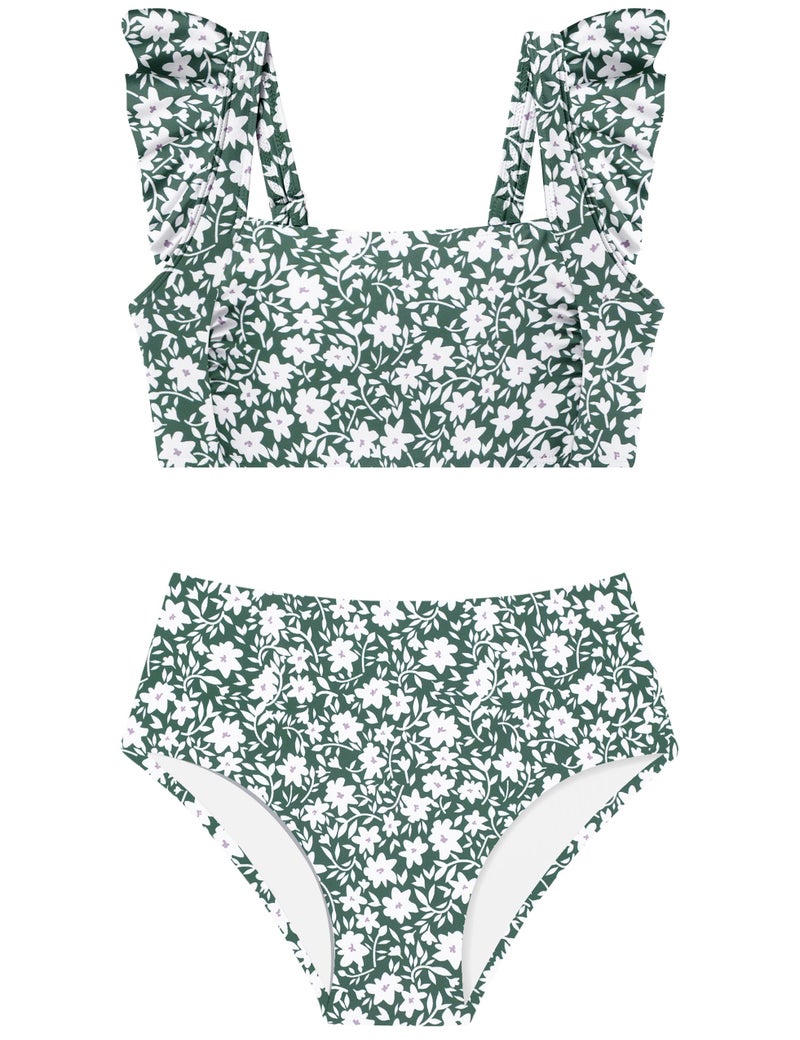 ZAANTI Swim Suits for Girls 10-12 Years Old Adjustable Shoulder Straps Ruffle Trim Bathing Suits for Teen Girls Square Neck Removable Chest Pad Bikini Set with Shorts Green Floral Print - Image 1