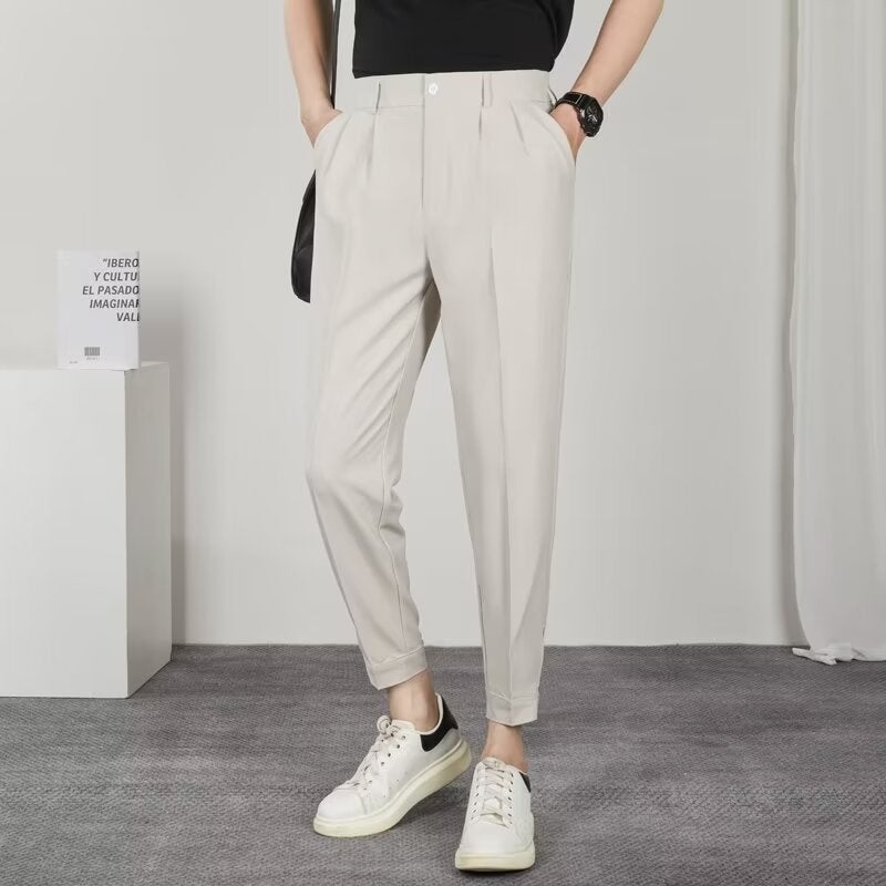 Korean Trendy Casual Mens Draped Loose Fit Slimming Pants Smooths Your Silhouette Suit Pants For Students Solid Color Nine Poin Khaki  - Image 1