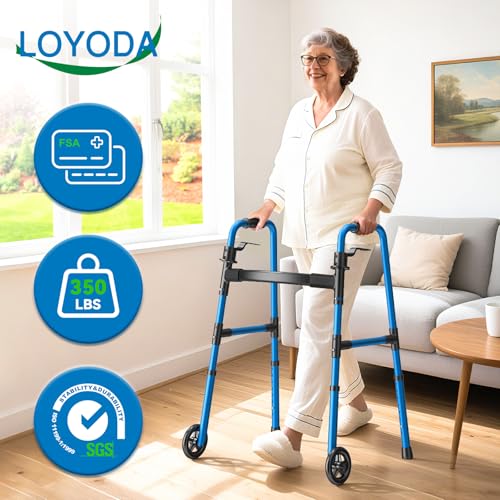 Loyoda عربة لويويدا القابلة للطي مع 2 زلاجات و 5 عجلات خفيفة الوزن لكبار السن والبالغين تدعم حتى 350 رطل ارتفاع قابل للتعديل عربة قياسية مدمجة زرقاء - Image 5
