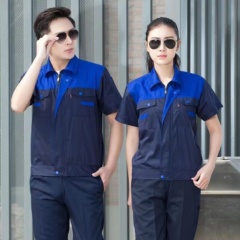 Spring and Autumn single top overalls mens wear-resistant welding auto repair labor protective clothing factory workshop engineering long sleeve color matching shoulder Basket under the navy blue short-sleeved single top 