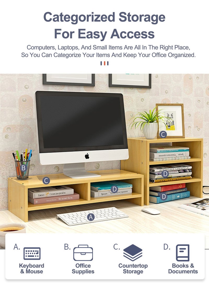Monitor Stand Riser with 3 Tier Storage Shelf,Computer Wooden Monitor Riser with Desktop Storage Organizer Shelf,Desktop Riser for Laptop Printer Office Home