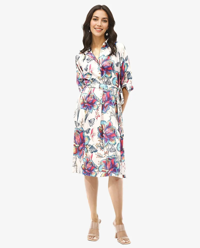 Rareism Women's Elegant Floral Midi Dress With Raglan Sleeves