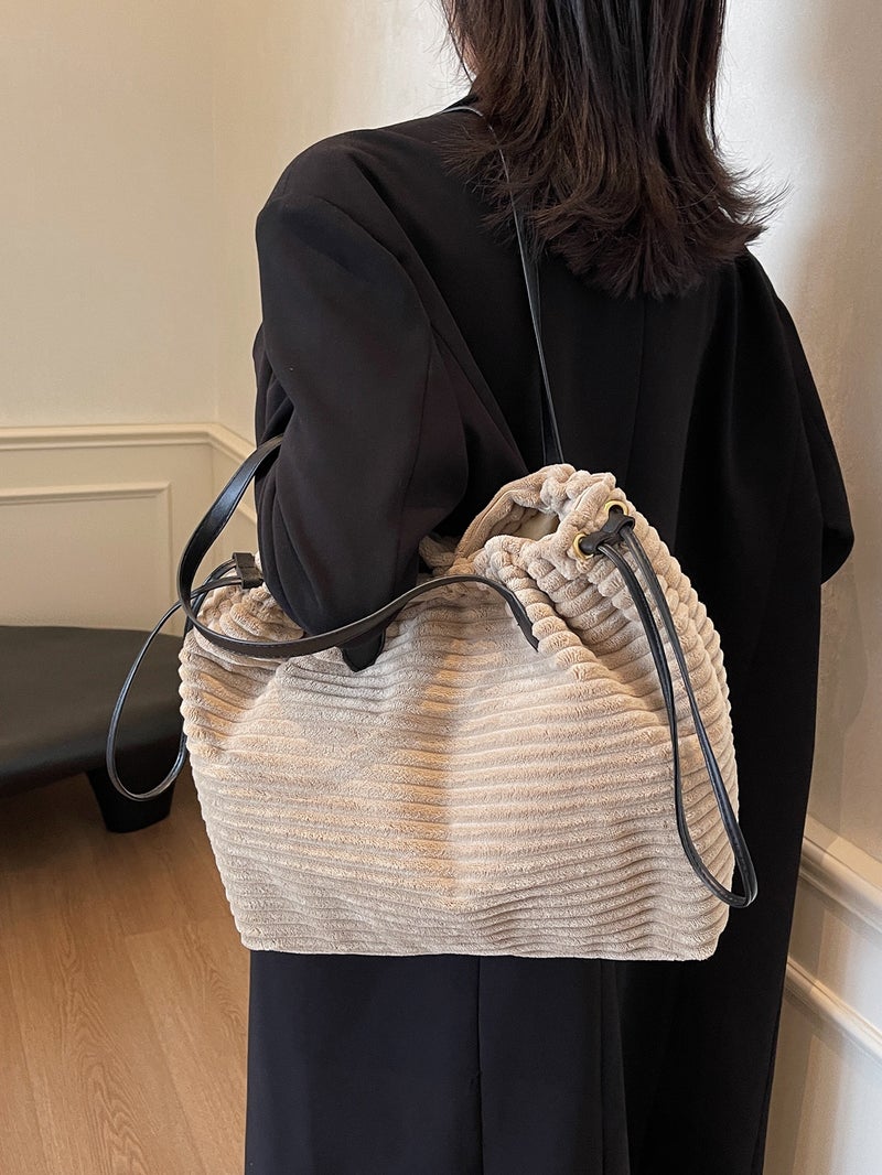 Striped Drawstring Bag Women'S Large Capacity Tote Bag Vintage Handbag Trendy Shoulder Crossbody Bag - Image 5