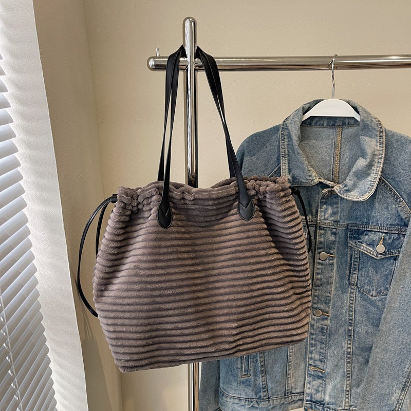 Striped Drawstring Bag Women'S Large Capacity Tote Bag Vintage Handbag Trendy Shoulder Crossbody Bag - Image 1