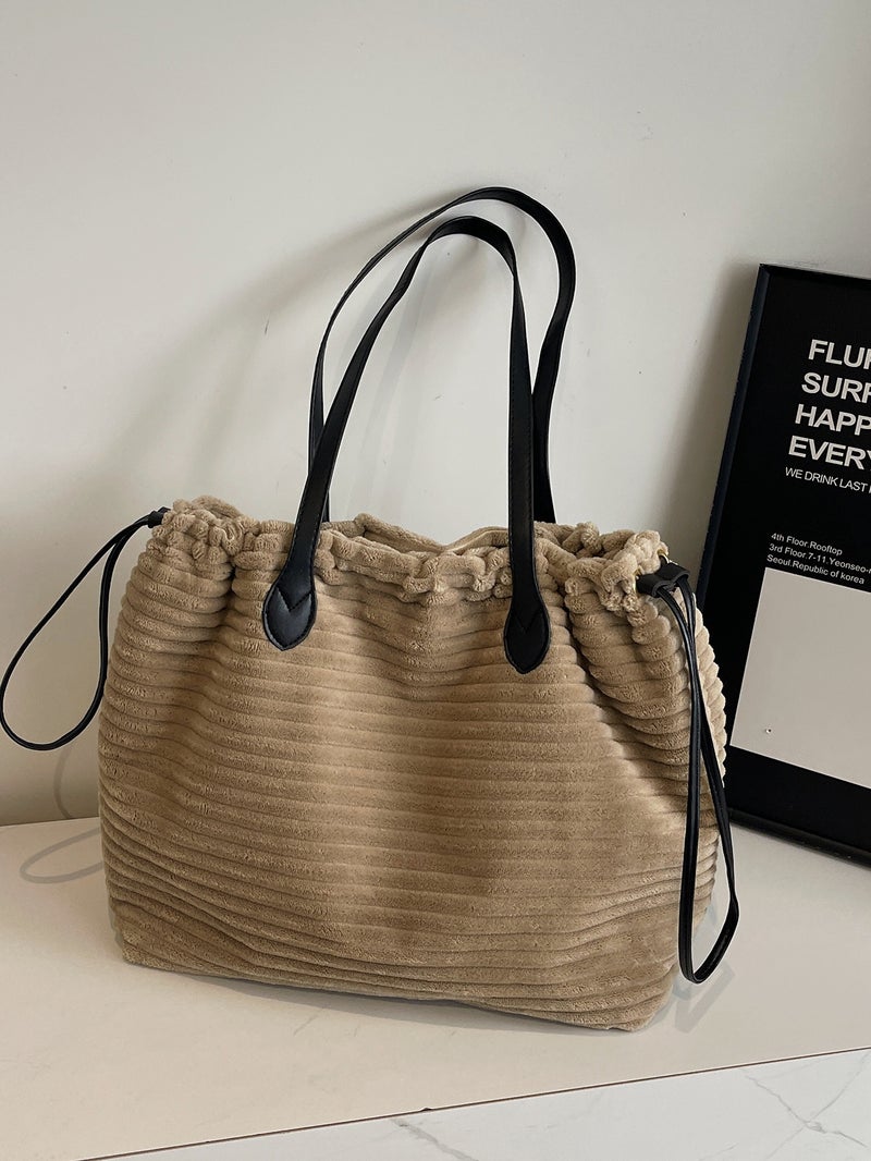 Striped Drawstring Bag Women'S Large Capacity Tote Bag Vintage Handbag Trendy Shoulder Crossbody Bag - Image 2