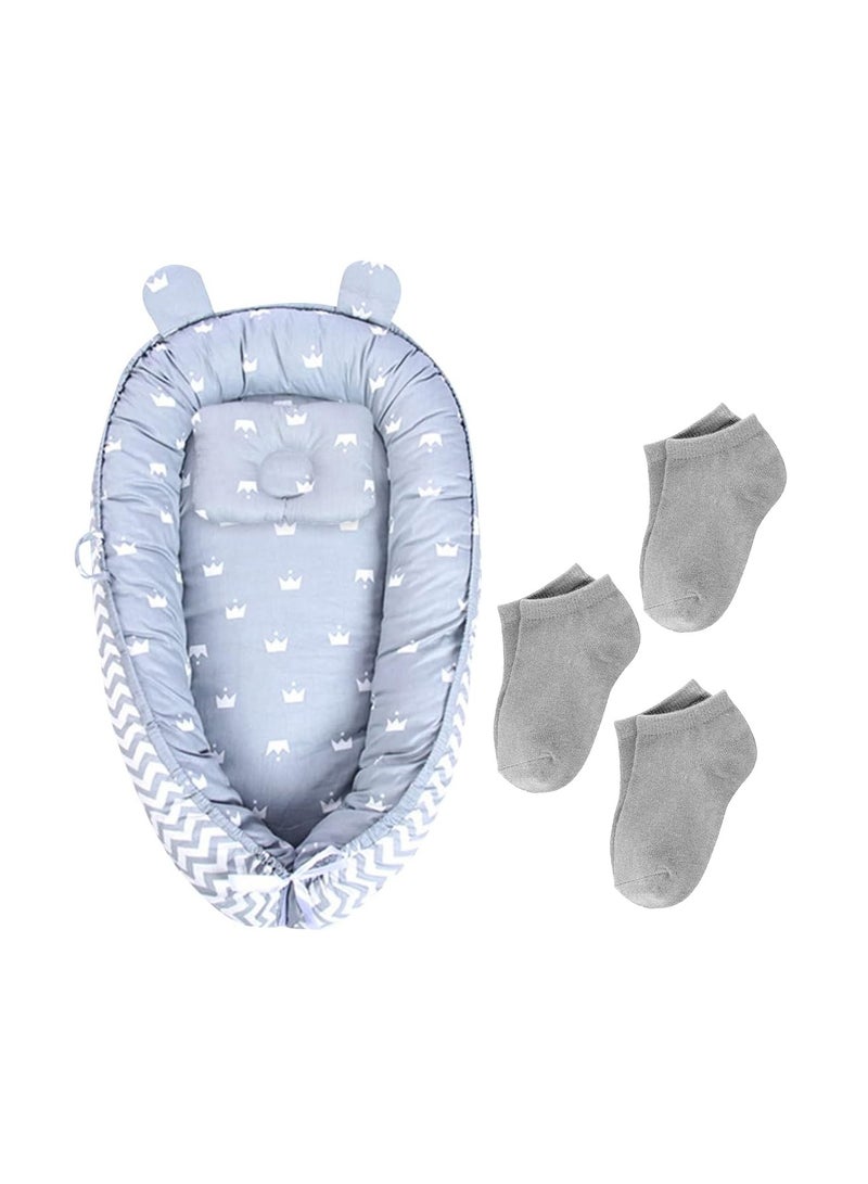 STAR BABiES Star Babies Buy 1 Get 3 (Buy Lounger Sleeping bed with Get Kids Socks 3Pair Free)-Grey Stripe  - Image 1