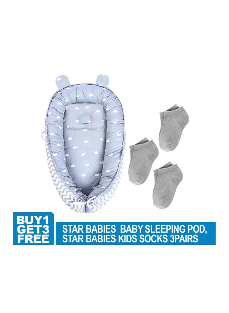 STAR BABiES Star Babies Buy 1 Get 3 (Buy Lounger Sleeping bed with Get Kids Socks 3Pair Free)-Grey Stripe  - Image 2