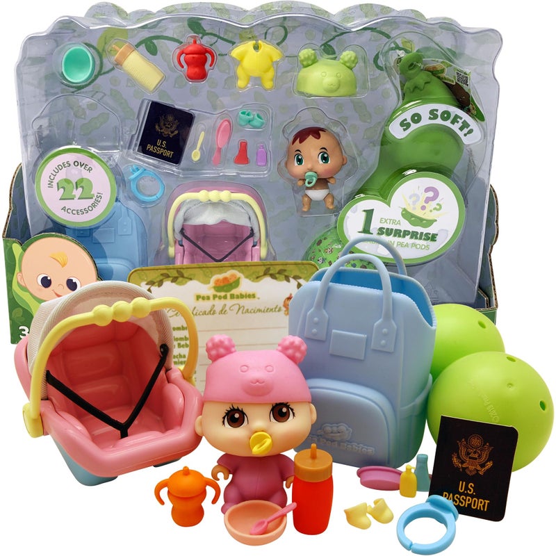 Nature Bound Pea Pod Babies Twenty Two Piece Little Traveler Playset Collectible Mystery Surprise Toy with Mini Baby Clothing Accessories All in A Soft Pea Pod Small Doll Ages 3