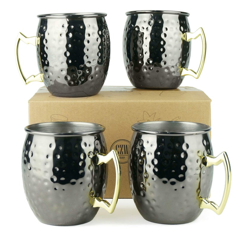 PG Black Color Stainless Steel Moscow Mule Mug  Set of 4  Dimple Finish  Brass Handle