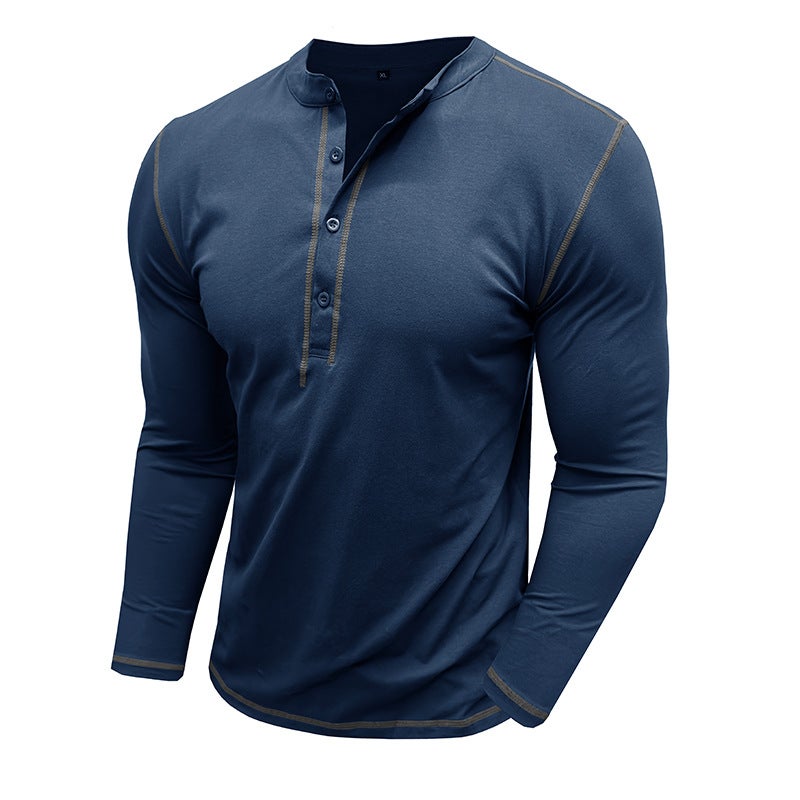 Autumn and Winter and Men''s Long-sleeved Henry Shirt Foreign Trade Men''s Color-matching Crewneck T-shirt Retro Top - Image 3