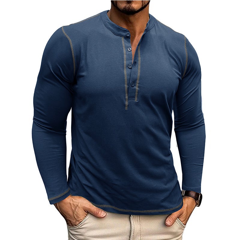 Autumn and Winter and Men''s Long-sleeved Henry Shirt Foreign Trade Men''s Color-matching Crewneck T-shirt Retro Top - Image 2