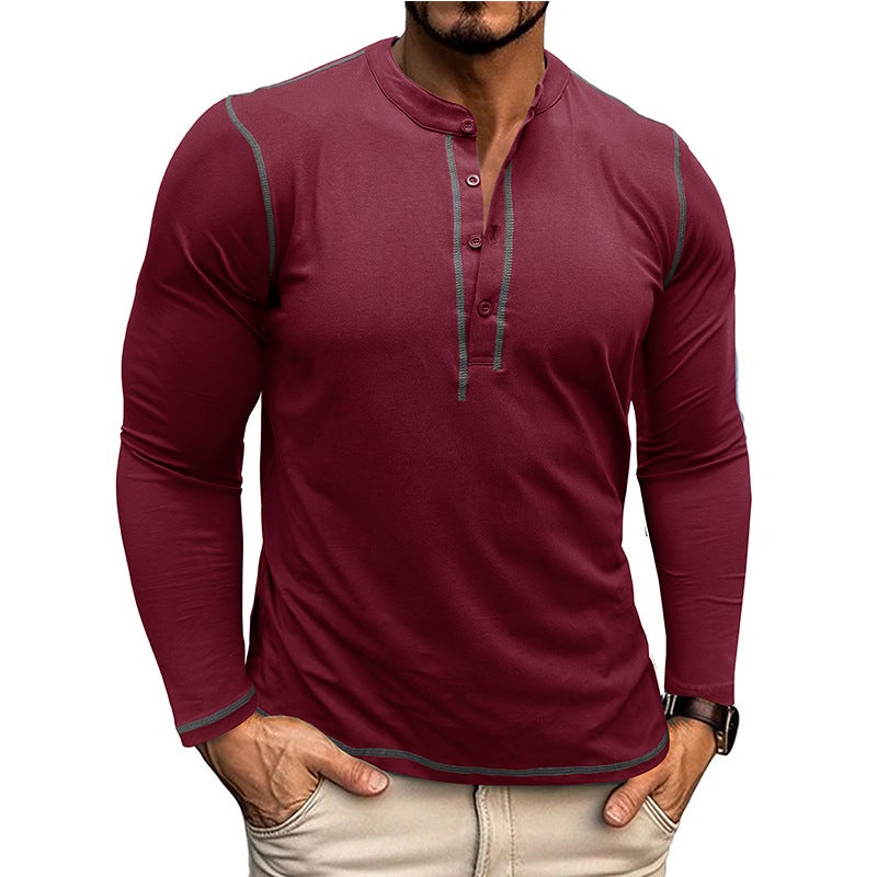 Autumn and Winter and Men''s Long-sleeved Henry Shirt Foreign Trade Men''s Color-matching Crewneck T-shirt Retro Top - Image 1