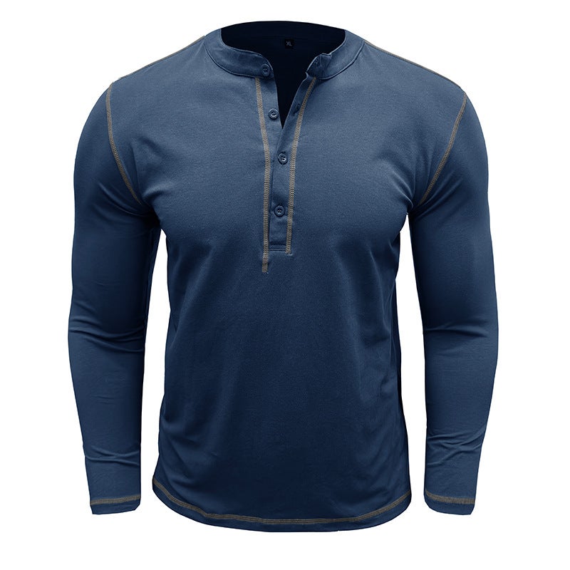 Autumn and Winter and Men''s Long-sleeved Henry Shirt Foreign Trade Men''s Color-matching Crewneck T-shirt Retro Top - Image 5