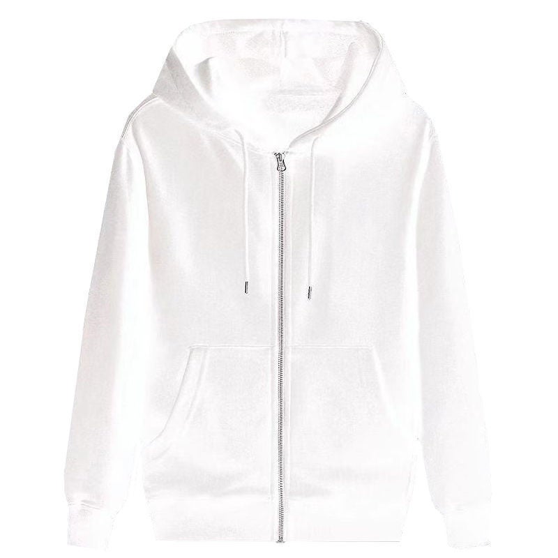 Factory direct supply autumn and winter solid color zipper hooded sweater mens trend Korean version of loose plus velvet padded cardigan coat White [zipper plus velvet]]